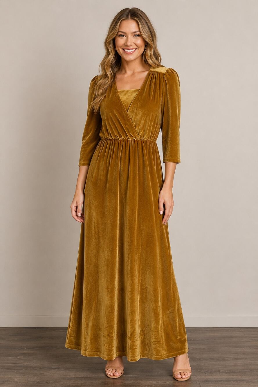 Baltic Born Dark Gold 3/4 Sleeve Velvet Formal Maxi Dress Womens Size Small